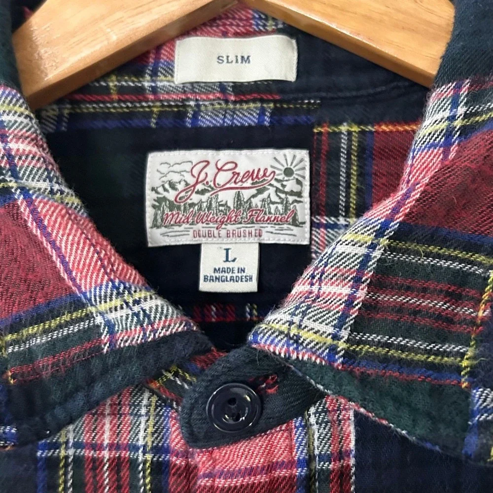 J.Crew Shirt Mens L Red‎ Blue Plaid Patchwork Flannel Double Brushed Slim Fit